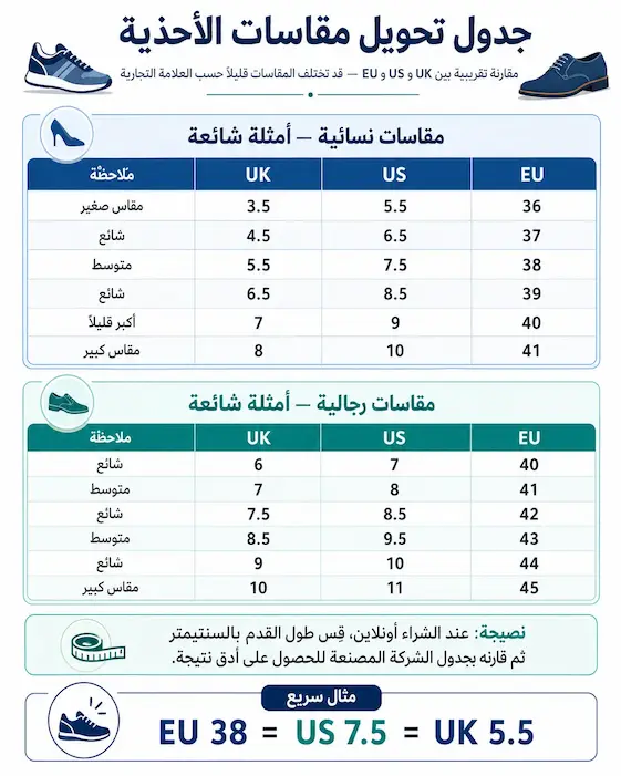 جدول تحويل مقاسات الأحذية من EU إلى US وUK
